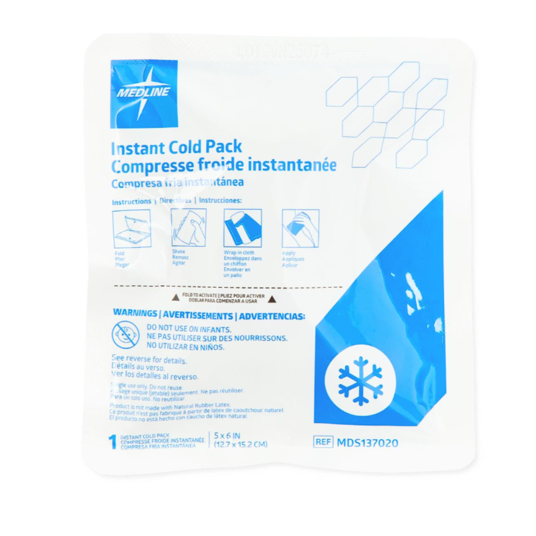 Medline Standard Instant Cold Packs come in white and blue packaging with instructions and warnings in English, Spanish, and French. The front features a snowflake symbol, making it ideal for cold therapy and displaying product details clearly.